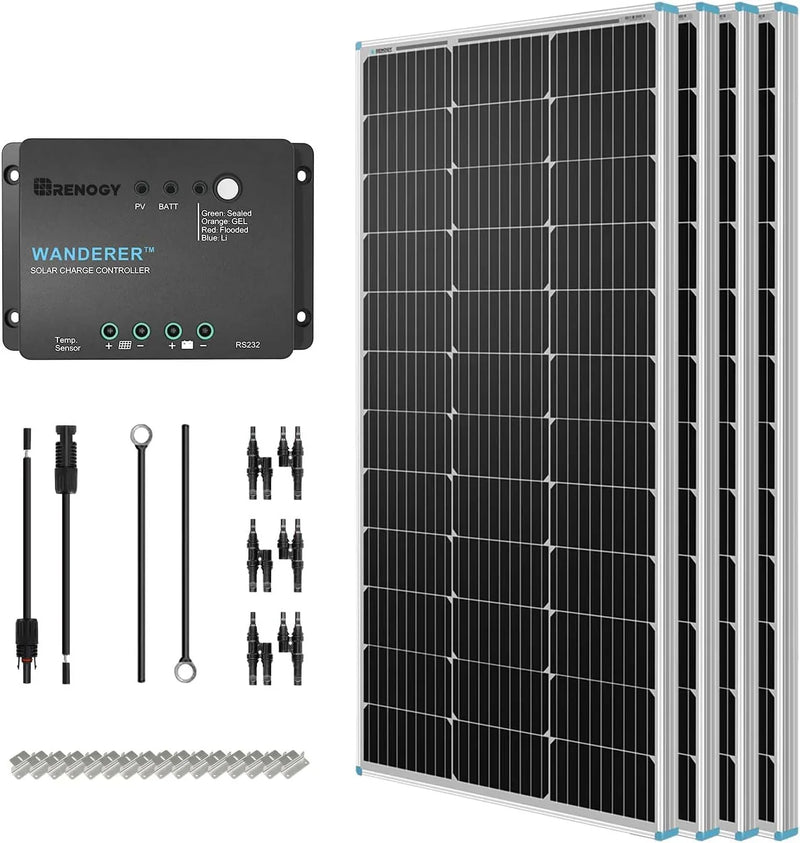 400 Watt 12 Volt Premium 4 Pcs 100W Panel 40A MPPT Charge Controller Bluetooth Module Fuse Mounting Z Brackets Adaptor Kit Tray Cables Set, 400W, Grid 12V Solar Power System T6