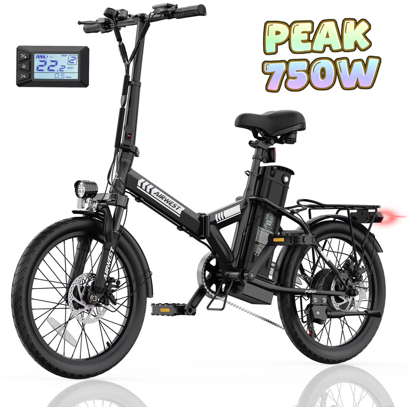 AIRWEST 20 in Foldable Electric Bike for Adults, Compact Commuter eBike with 500W Motor 750W Peak, Removable 48V 7.8Ah Battery, 50 Miles PAS... T5