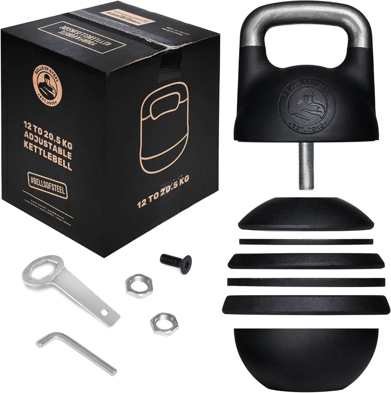 Adjustable Kettlebell Set [Bells of Steel] Kettle Bell Weight Set, Steel Shell, Internally-Loaded for Full Body Workouts, Competition Standard 35mm Handle, 12-20.5kg P4