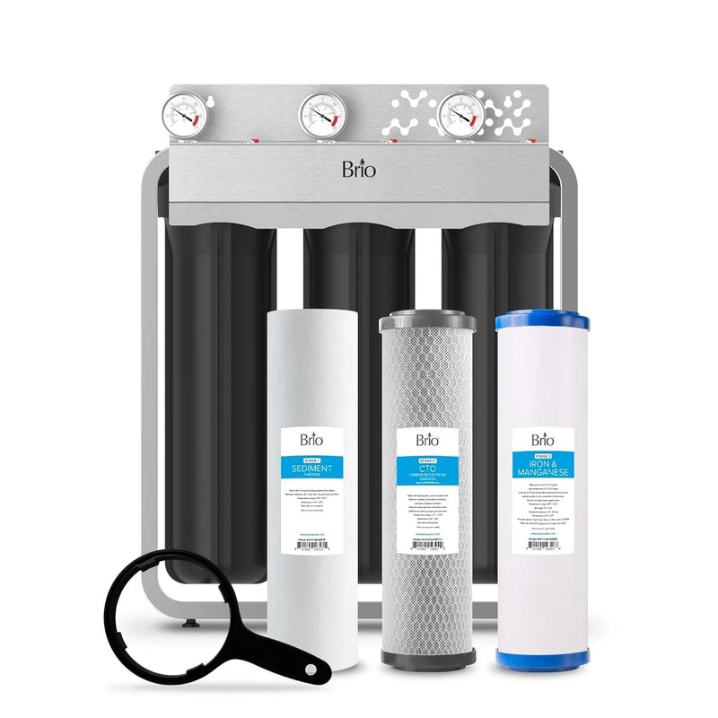 Whole-house filtration system, designed to remove iron and manganese, with a flow rate of 900 gallons per minute, dimensions of 4.5 inches x 20 inches, featuring a built-in sediment filter, activated carbon filter and iron/manganese filter, with a li V6