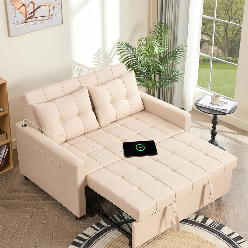 52" Sleeper Sofa with Pull-Out Bed, 3-in-1 Convertible Sofa Bed, Loveseat with Adjustable Backrest and Side Pocket, for Living Room Apartment, Linen, Dark Grey J7