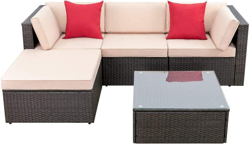 5 Pieces Patio Furniture Sets All Weather Outdoor Sectional Patio Sofa Manual Weaving Wicker Rattan Patio Seating Sofas with Cushion and Glass Table(Beige) L4