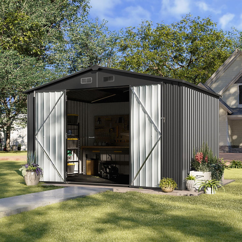 5x2.7 FT Outdoor Metal Storage Shed - Durable Water-Resistant Galvanized Steel, Sloping Roof Design, Lockable Door - Ideal for Tool Storage on Lawn, Patio & Backyard (Black) F5