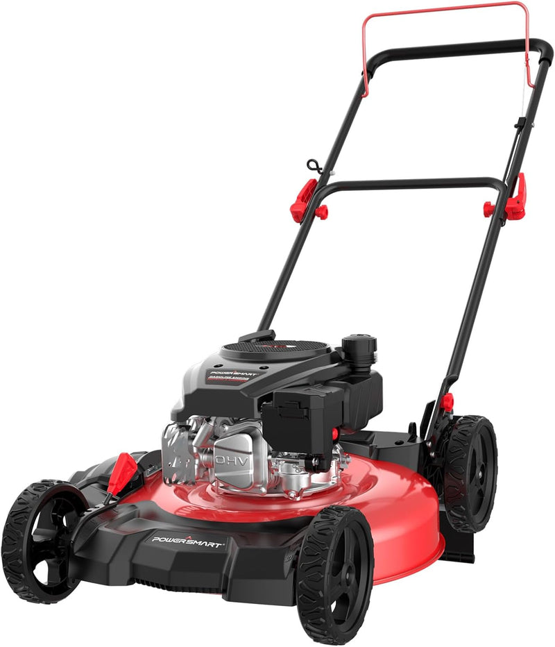 21-inch gas-powered lawn mower, equipped with a 144cc four-stroke all-terrain engine, featuring both crushing and side-discharge functions, with adjustable cutting height ranging from 6 positions. I6
