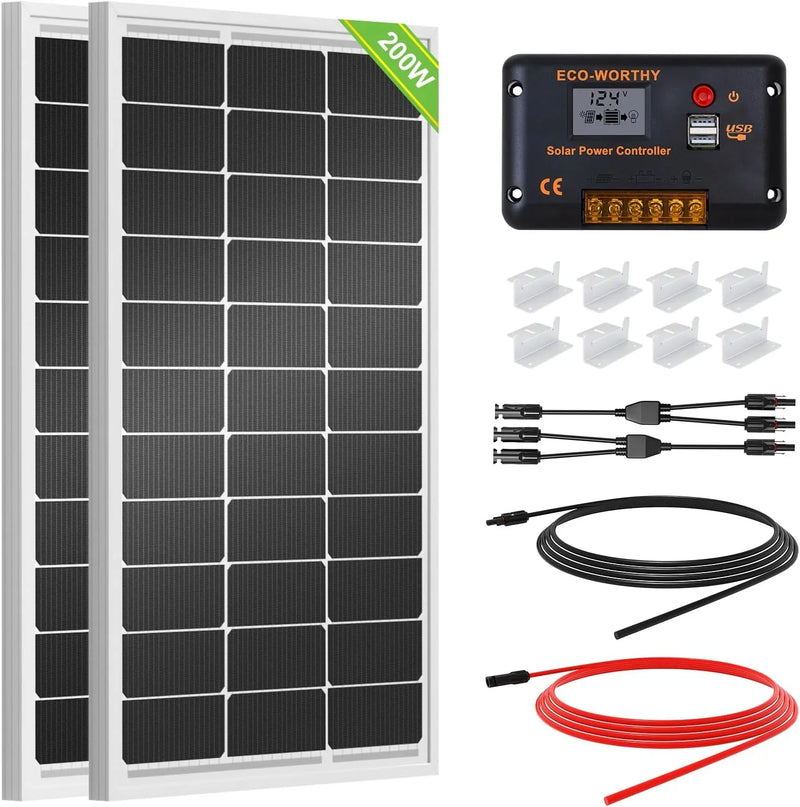 200 Watts 12 Volt/24 Volt Solar Panel Kit with High Efficiency Monocrystalline Solar Panel and 30A PWM Charge Controller for RV, Camper, Vehicle, Caravan and Other Off Grid Applications O8