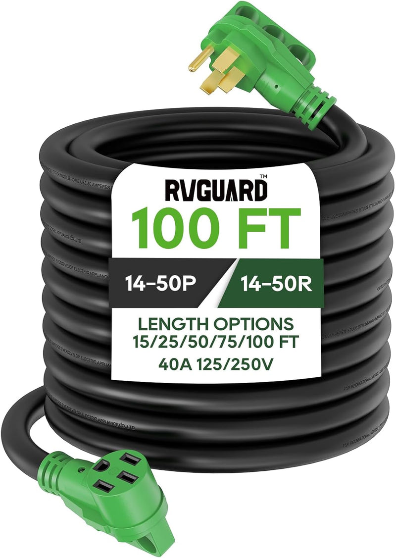 40 Amp 100 Foot RV/EV Extension Cord, NEMA 14-50P/R Heavy Duty Extension Cord with LED Power Indicator and Cord Organizer, Green, W1