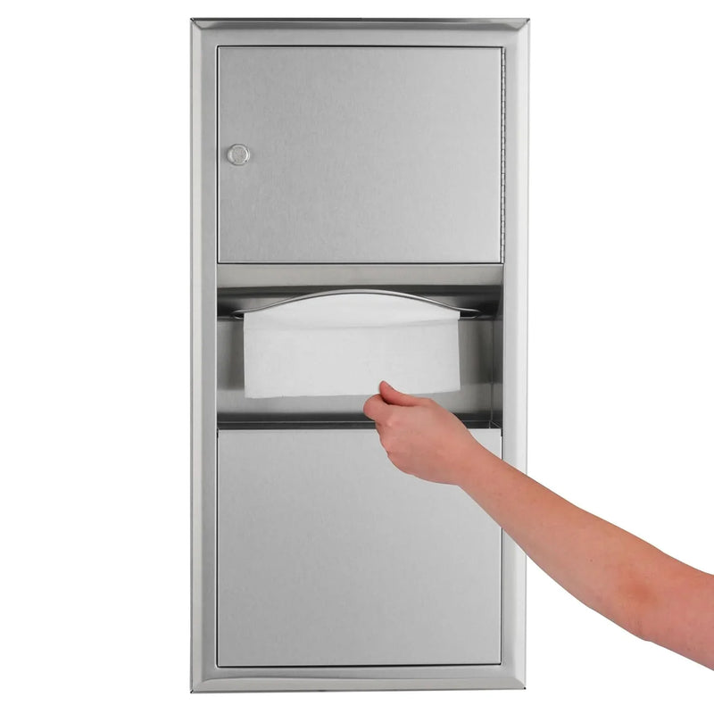 Wall-mounted tissue dispenser and waste paper storage box. Mirror-polished stainless steel material. 2-gallon capacity. Can hold 350 single-layer or 475 multi-layer tissues. Easy to install. Suitable for commercial bathrooms. P3