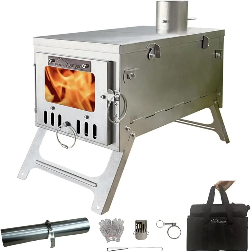 Titanium alloy tent wood stove for camping, 2 kilograms, foldable, lightweight and compact portable heat tent stove, comes with a 2.2-meter chimney, suitable for winter backpacking camping. A8