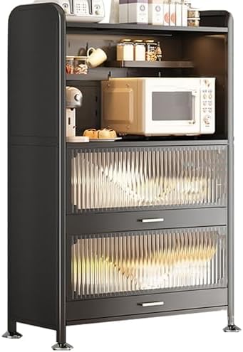 Wall Mounted Pegboard & Microwave Storage Rack - 4/5-Tier Kitchen Baker's Rack with Flip Dual Door Cabinet & Metal Shelves for Small Appliances & Kitchen Organization F6