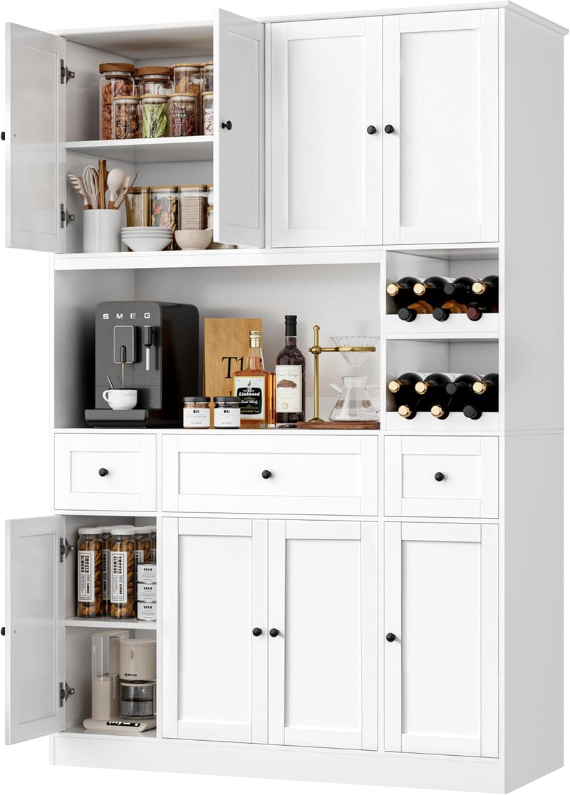 72" Tall Kitchen Pantry with Wine Rack, Pantry Cabinet with Microwave Stand, Large Hutch with Ample Storage, Hutch Cabinet for Kitchen, Dining, Living Room, White M8