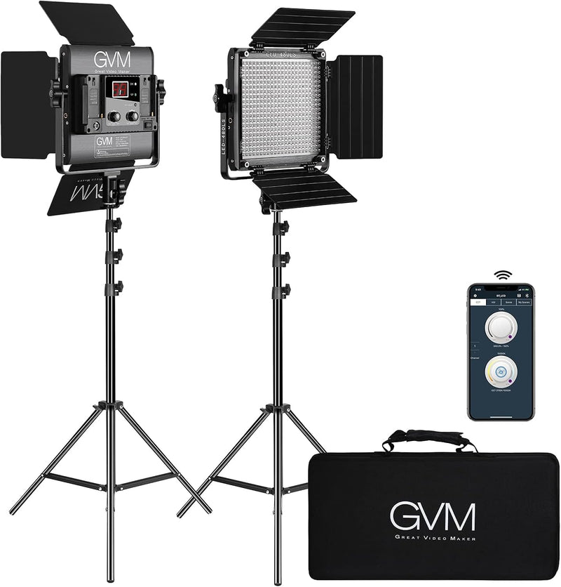 2 Pack LED Video Lighting Kits with APP Control, Bi-Color Variable 2300K~6800K with Digital Display Brightness of 10~100% for Video Photography, CRI97 TLCI97 Led Video Light Panel Barndoor J5
