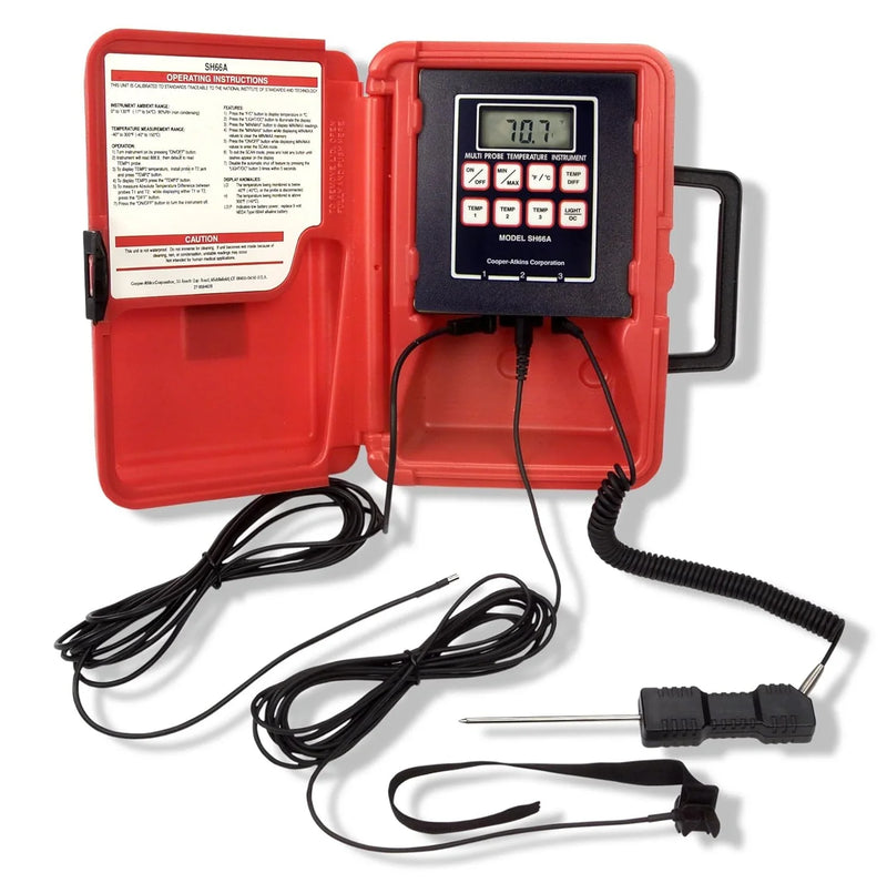 A thermoresistance thermometer with a liquid crystal display, in a red color, with a temperature range of -40°F to 300°F. Y5