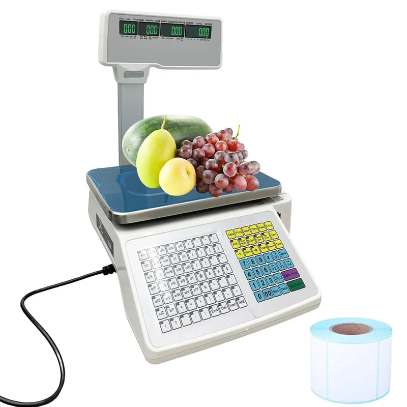 Commercial digital scale, equipped with thermal printer, 4 window vertical double-sided LCD display, capable of printing labels, maximum load capacity of 66 pounds, 110 volts, portable, suitable for storage areas, restaurants, bakeries E2
