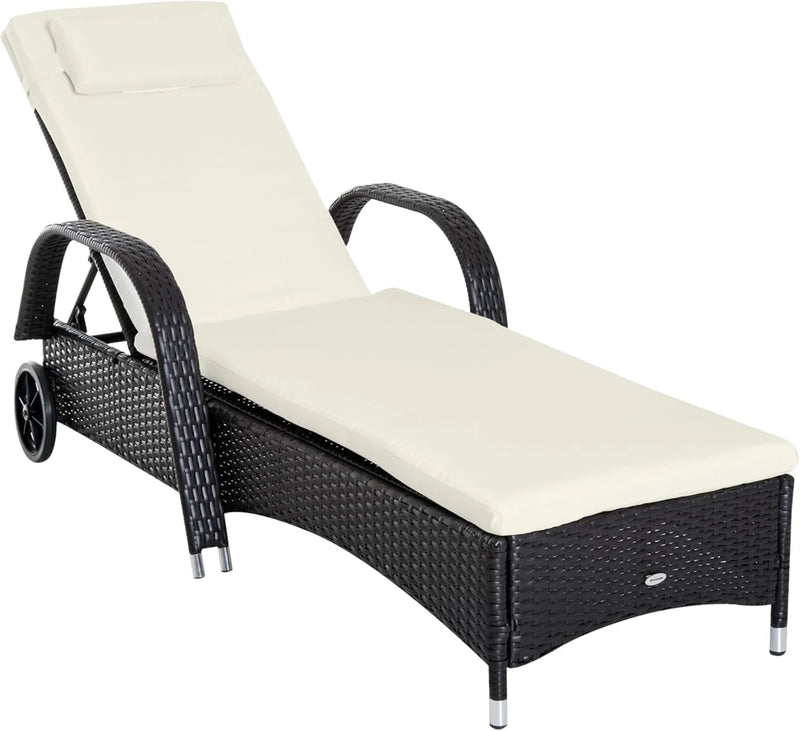 Wicker Outdoor Chaise Lounge, 5-Level Adjustable Backrest PE Rattan Pool Lounge Chair with Wheels, Cushion & Headrest, Brown and Dark Blue Z2