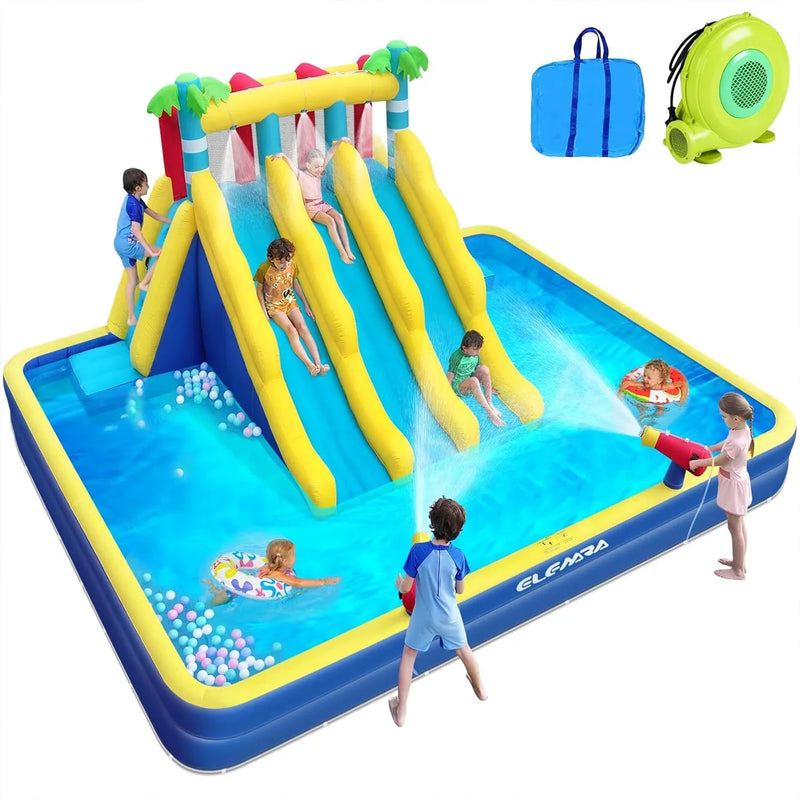 20.66x16.4FT Inflatable Water Slide for Big Kids, Water Park for Kids Backyard with Large Double-Layer Pool,3 Extra-Long Slides,Climbing Wall, 2 Water Cannons, Water Spraying, 750W Air Blower K6