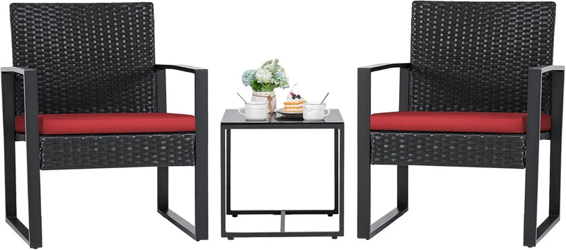 3 Pieces Patio Set Outdoor Wicker Furniture Sets Modern Rattan Chair Conversation Sets with Coffee Table for Yard and Bistro (Black) B9