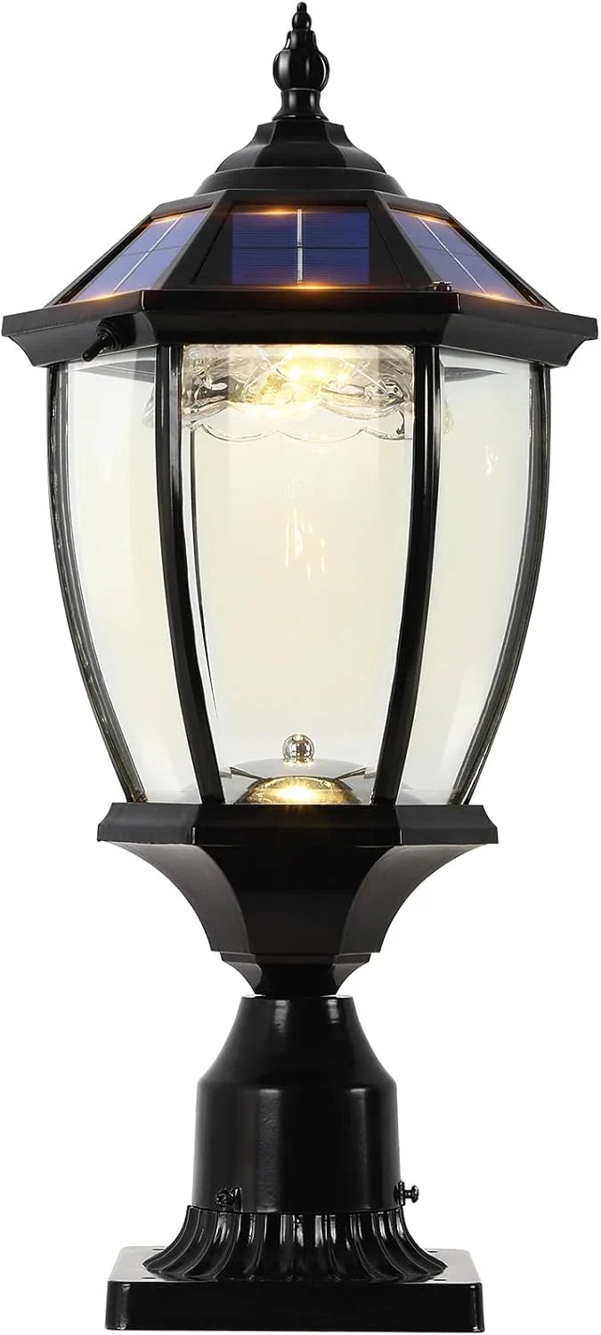 2-Heads Outdoor Solar Lamp Post Lights with Dusk to Dawn Sensor, Classic Exterior Solar Pole Lights with Waterproof, Black Street Lights with Clear Glass for Garden, Patio, Pathway, Driveway Z3