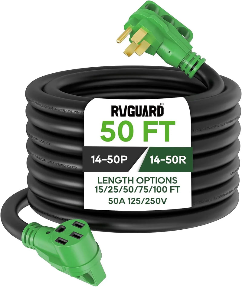 50 Amp 50 Foot RV/EV Extension Cord, NEMA 14-50P/R Heavy Duty Extension Cord with LED Power Indicator and Cord Organizer, Green, ETL Listed I9