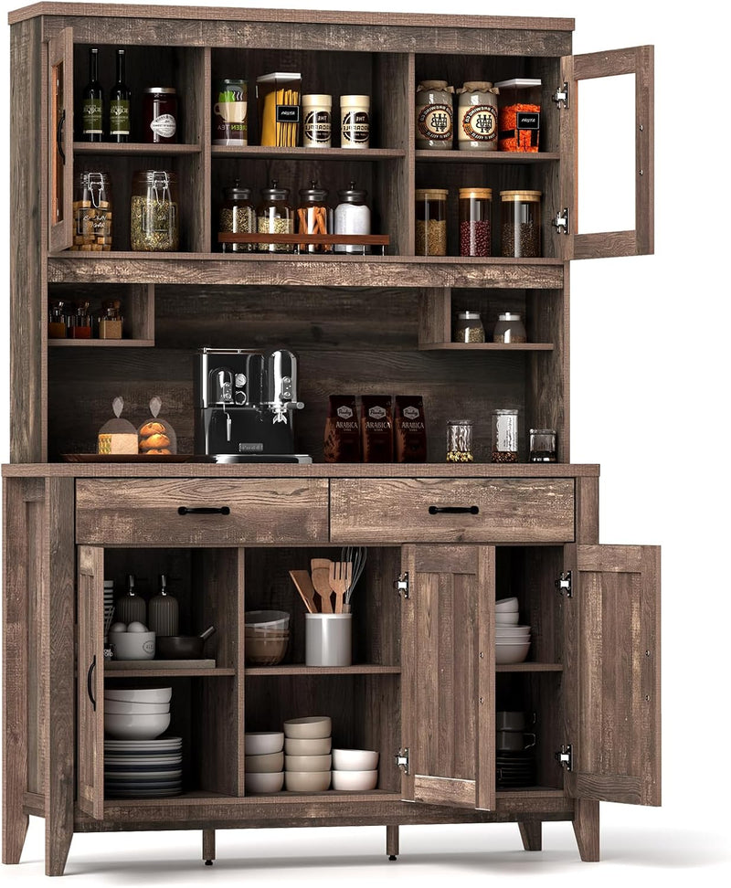 78.5-inch high kitchen cabinet storage unit, large storage cabinet with glass doors, equipped with drawers and adjustable shelves. The wooden kitchen storage unit has a microwave shelf, suitable for a home coffee bar. V2