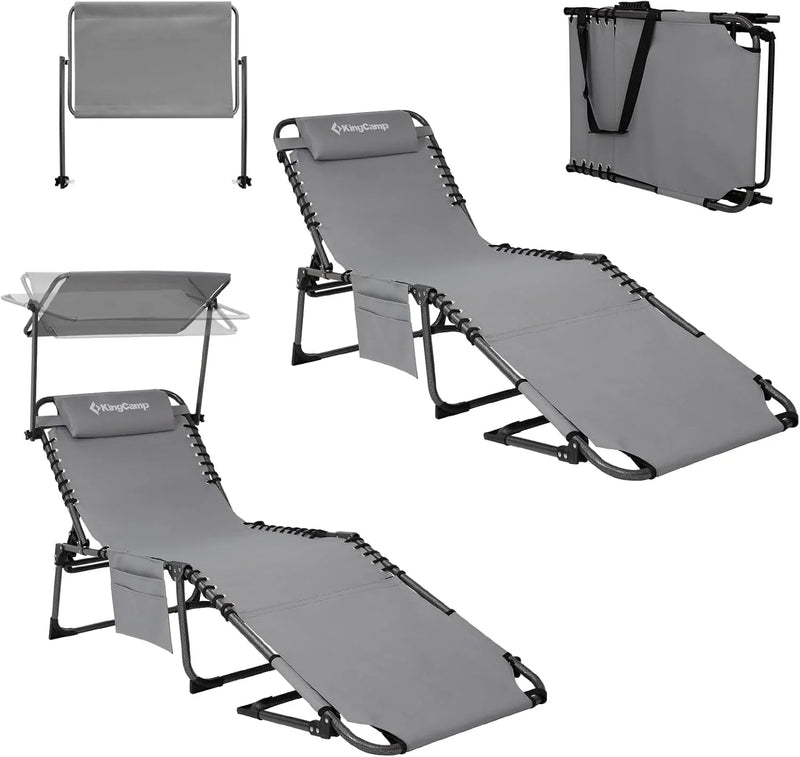 2-Seater Sun Chair with Facial Opening, Outdoor Foldable Portable Lounge Chair, Adjustable Five-Legged Folding Chair, With Sunshade, Suitable for Outdoor Beach, Gray Version L5