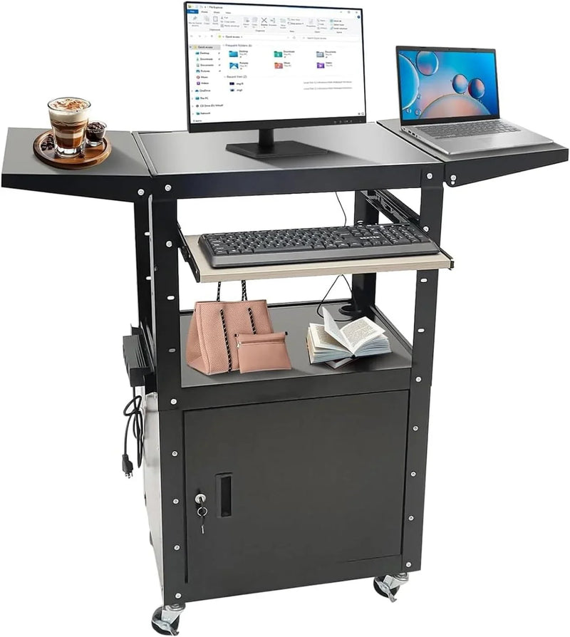 Upgraded AV Cart, Adjustable-Height Steel AV Cart with Locking Cabinet and Pullout Keyboard Tray, Rolling Media Cart with Wheels & Power for Computer Laptop Projector Printer (Black/43"x18"x43") S0