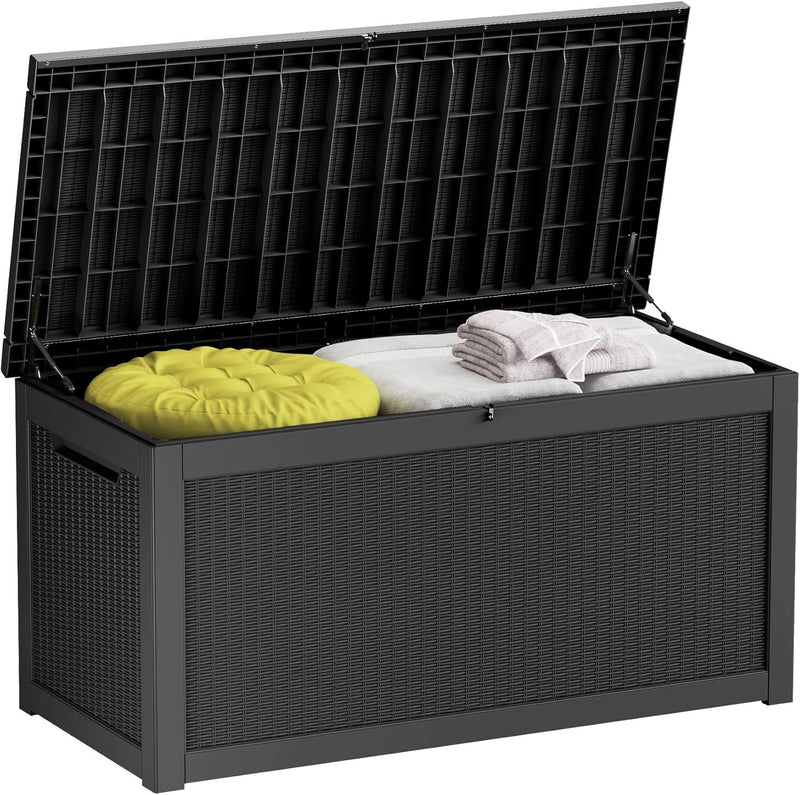 260-gallon large outdoor storage XL outdoor box, suitable for garden furniture, outdoor cushions, garden tools, sports equipment and pool supplies. Made of waterproof resin material, lockable, in gray color scheme. S9