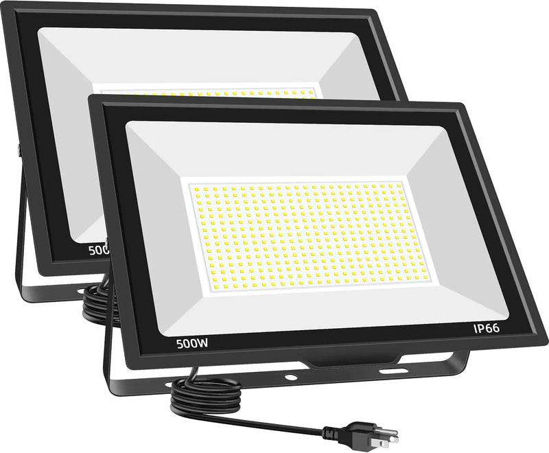 500W LED Flood Light Outdoor 2 Pack, 2000W Equivalent FloodLight with Plug, Super Bright 55000LM 5000K Daylight White IP66 Waterproof Commercial Lighting for Sports Fields,Courts,Arena,Stadium P3