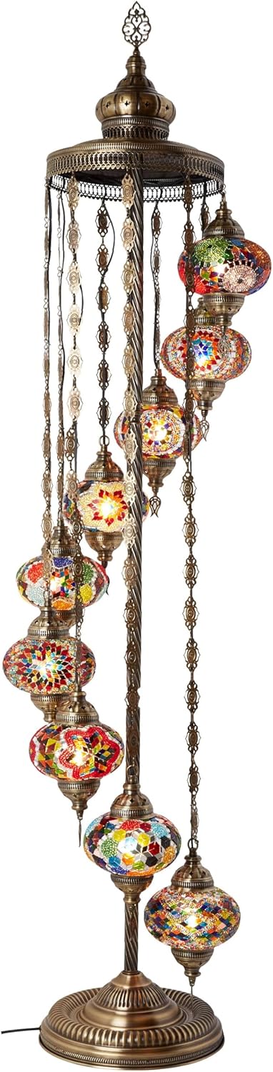 Turkish Moroccan mosaic floor lamp, with 9 lampshades and 6 feet in height - a Tafini-style standing decorative Bohemian-style lamp, equipped with colored lampshades, suitable for bedrooms, living rooms, and entrances - handmade in Turkey, available I9
