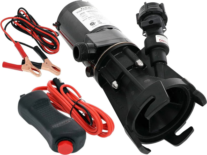 18555-000A - 12V DC waste pump, suitable for camper vans / motorhomes - Can empty a 40-gallon water tank in 5 minutes - Output flow rate 9 gallons per minute - 3/4 inch garden hose interface - Stainless steel grinder, self-priming, remote switch R4