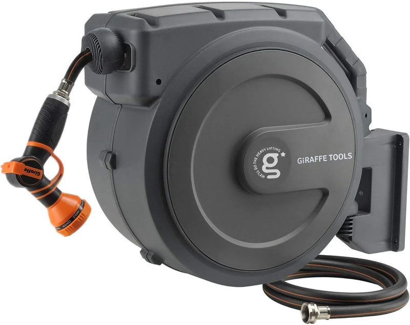 Tool-extendable garden hose reel, inner diameter 1/2 inch, length 155 inches, equipped with 5-foot extension hose, sturdy and durable, lockable at any length, slow retraction system, wall-mounted design, 180-degree rotating bracket S2
