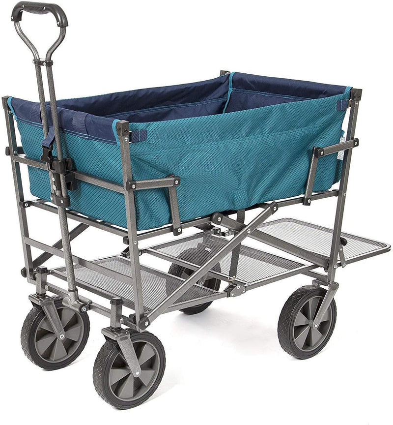 A foldable double-layer outdoor multi-functional truck, equipped with a long lower shelf, in blue-green color. A0