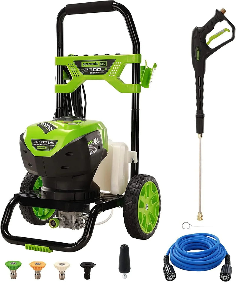2300 pounds/square inch true brushless electric high-pressure cleaning machine (2.3 gallons/minute), 25 feet hose, quick-connect nozzle, 15°, 24°, 40° soap nozzles and turbine nozzle F4