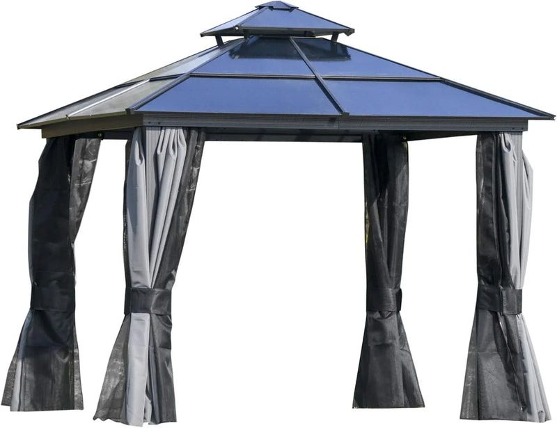 10 feet x 12 feet hard-top awning canopy, polycarbonate roof, aluminum frame, permanent outdoor awning, with net cover, suitable for patios, gardens, backyards, terraces, lawns, grasslands, light gray. C3