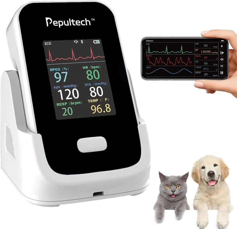 6 Parameters Veterinary Vital Signs Monitor,Bluetooth Veterinary Pulse Oximeter for Dogs, Rechargeable Blood Pressure Monitor for Pets,Oxygen Spo2 Monitoring Tools for Family Clinic Use Y1
