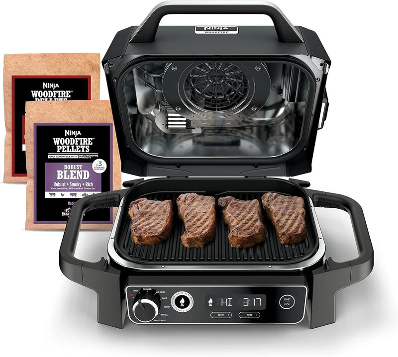 7-in-1 Multi-functional (Barbecue, Slow Roast, Bake, Air Fry, Dehydration, Grill, Smoking) | Portable and highly weather-resistant | Capable of cooking up to 6 steaks and 30 hot dogs | Includes wood pellet fuel F6