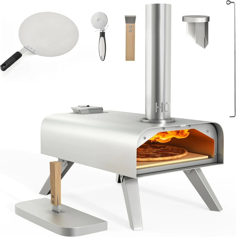 Wood-fired outdoor pizza oven, 12-inch portable pellet pizza oven, equipped with pizza tongs and pizza cutter, stainless steel silver pizza maker suitable for outdoor kitchen cooking Y2