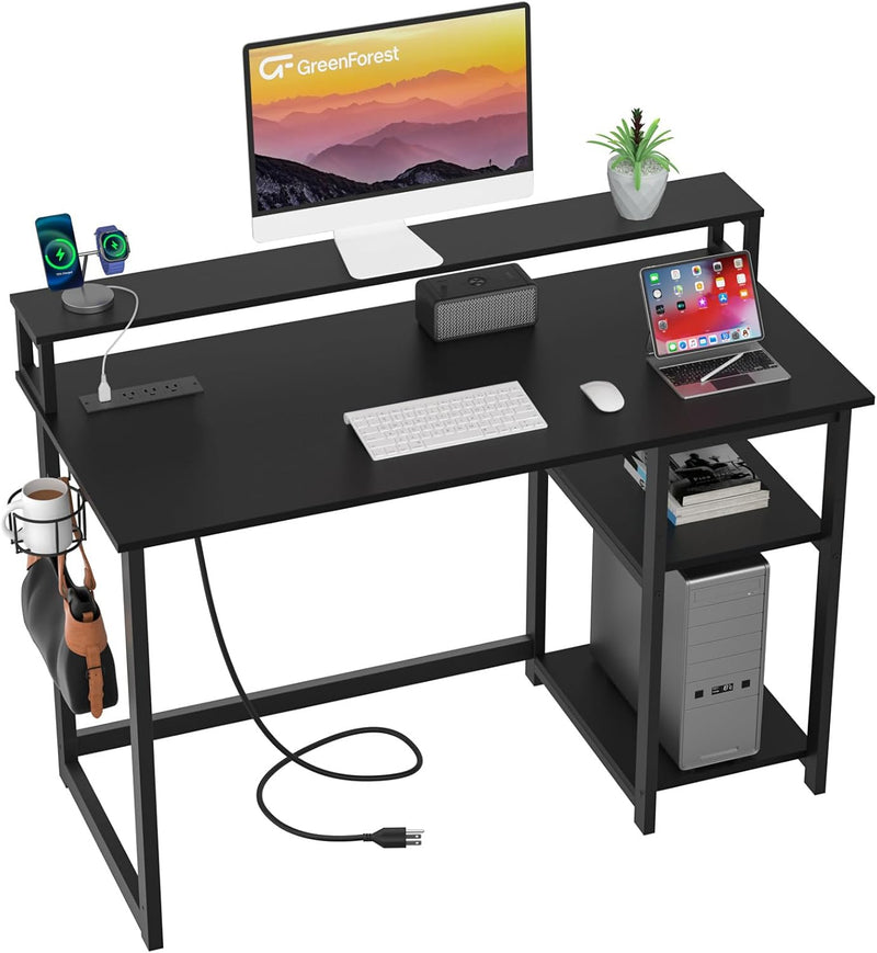 47 inch Computer Desk with Power Outlets, Small Home Office Desk with Ergonomic Monitor Stand, Reversible Gaming Desk, Modern Study Desk, Laptop Desk, White V3