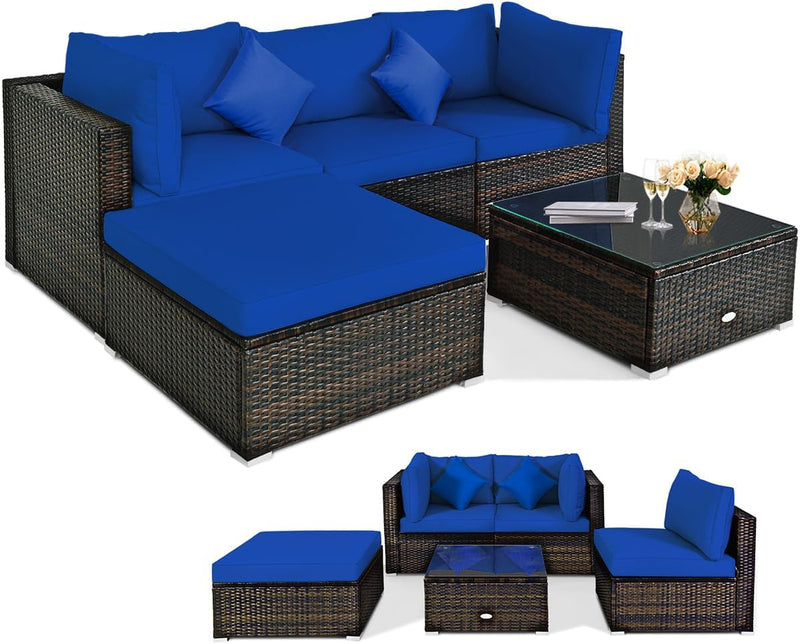 5 pieces of outdoor patio furniture, L-shaped rattan three-seater sofa with tempered glass coffee table, footstool, 3 single chairs, rattan outdoor party set, suitable for backyard, porch, balcony, black version B5