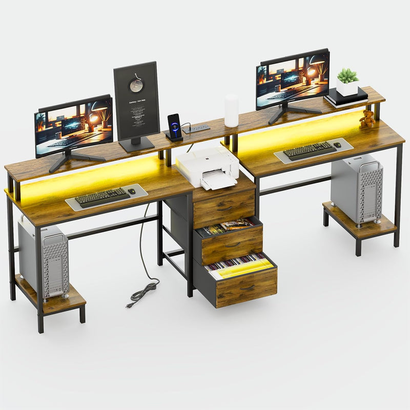 2 Person Desk with LED Lights & Charging Station – Long Desk for 2 with Storage Drawers, Monitor Riser, USB Ports & Outlets – Modern Study Table or Workstation for Home Office O6