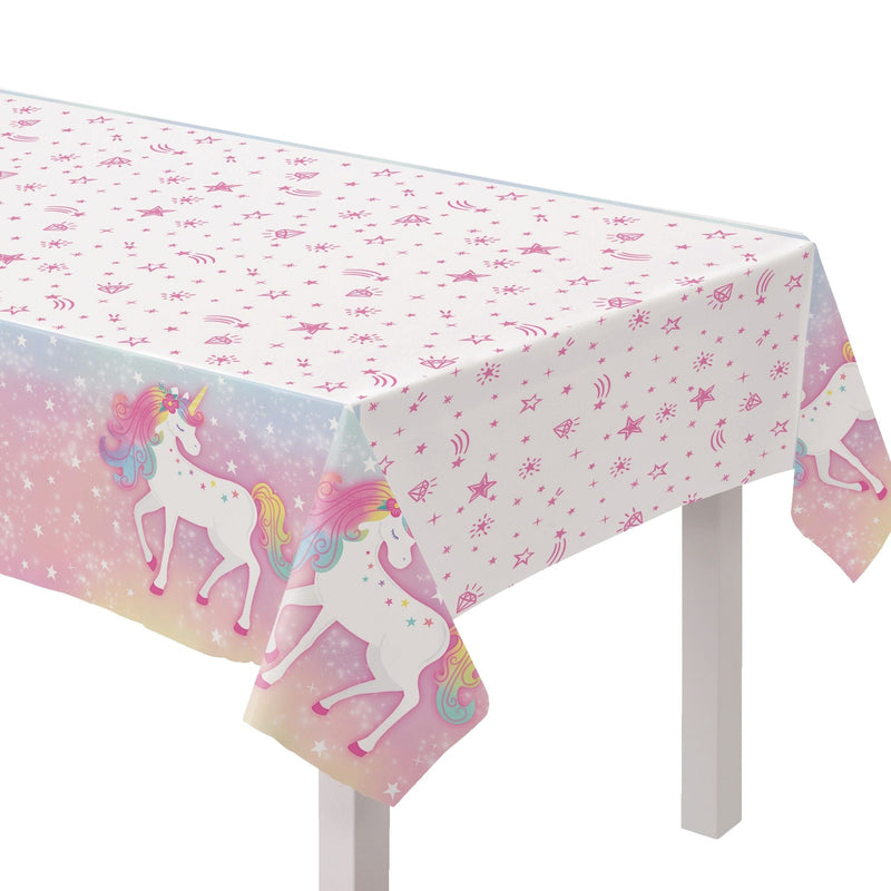 Amscan Unicorn Rectangle Plastic Reusable Table Cover, Pink/White, 54 x 96-in G6
