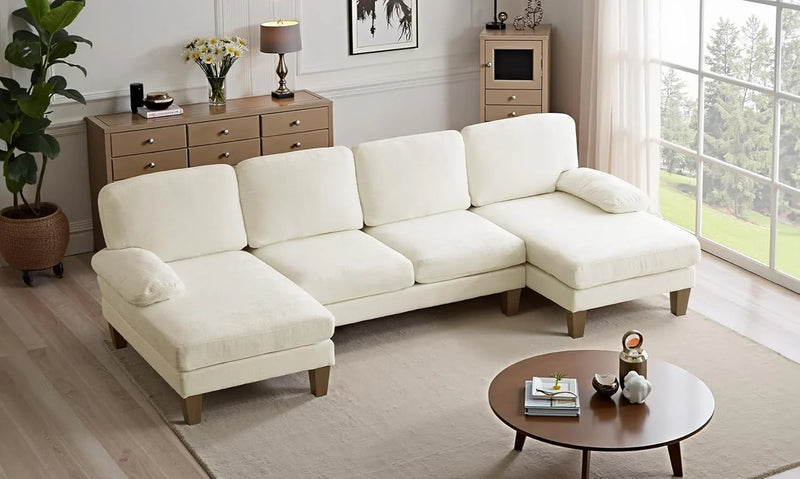 110" Sectional Couches for Living Room,U Shaped Couch with Double Chaise, 4-Seat Sofa Set with Chenille Fabric for Home Furniture,Beige X8