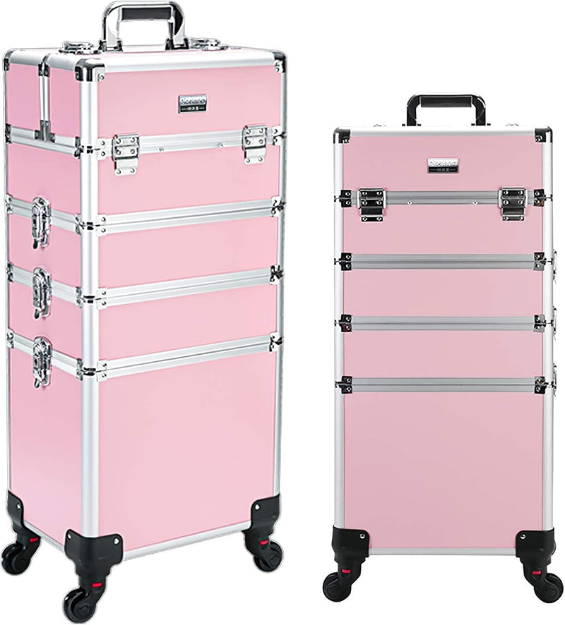 4 in 1 Professional Rolling Aluminum Cosmetic Makeup Train Organizer Storage Case Artist Train Case Salon Beauty Cosmetic Jewelry Organizer Trolley with 4 Wheels (All Black) N9