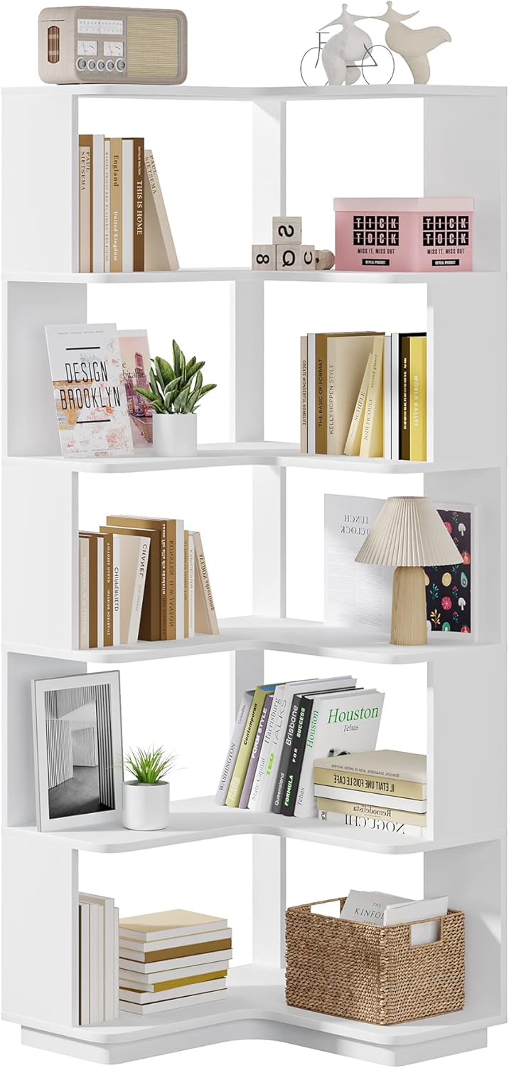 Tribesigns 6-Tier Corner Bookshelf, 64.9 Inch Tall Bookcase with Anti-Drop Panel, Modern Freestanding Corner Shelf Display Rack Storage Organizer for Home Office, Living Room, WhiteTribesigns 6-Tier Corner Bookshelf, 64.9 Inch Tall Bookcase with Anti J9