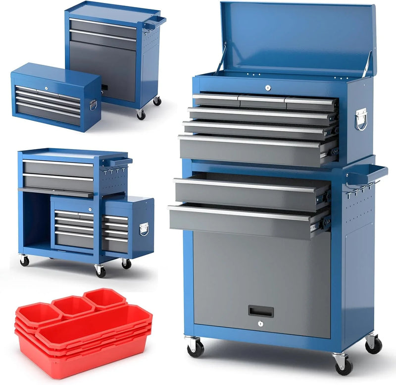 Tool Chest 8-Drawer | 42'' Large Rolling Tool Chest with Wheels | Detachable Top Metal Tool Box | Garage Storage Cabinet for Repair Room,storage area | Rolling Tool Box with Hooks,Liners,Tray Divider E6