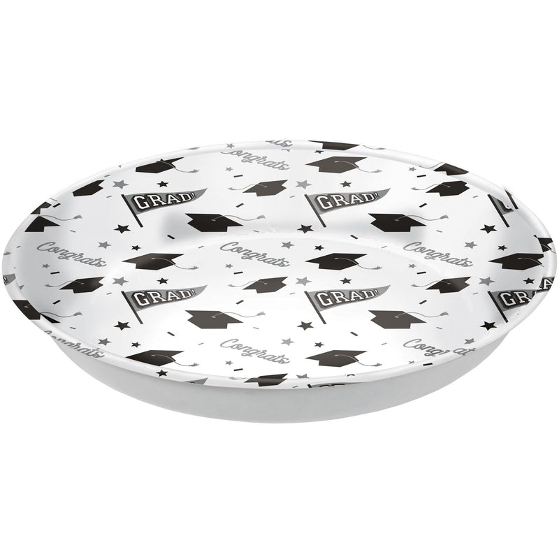 "Congrats Grad" Round Plastic Reusable Serving Bowl, White, 14-in, for Graduation A4