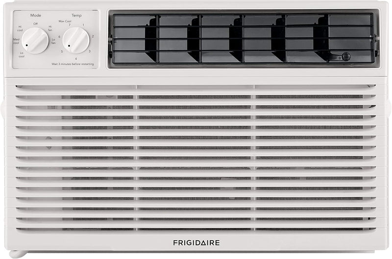 5000-watt window air conditioner, with a cooling area of 250 square feet, operates quietly, has easy and convenient temperature adjustment, 2 fan speeds, automatic restart function, and a white appearance S5