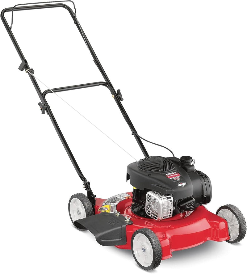 20-inch steel cutting deck, side-discharge gasoline-powered push lawn mower, with engine oil, available in red and black, suitable for outdoor yards. Q4
