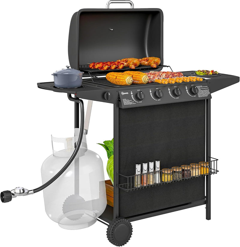 4 1 Burner Propane Gas BBQ Grill, Portable Gas Barbecue Grill with Side Burner, Thermometer, Lid, Side Table, Shelf, Spice Rack, Wheels, Grease Cup for Garden, Black D5