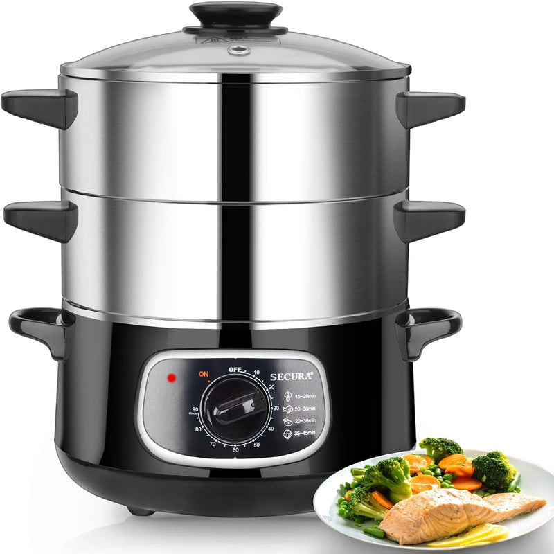 2 stainless steel food steamers, 8.5 liters capacity, electric glass-covered vegetable steamer, double-layer stackable steaming basket, with timer included Q9