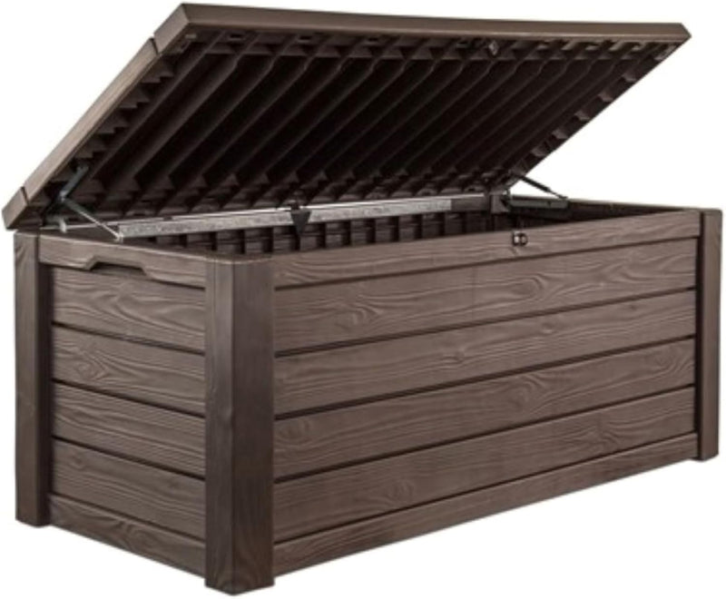 570-liter storage box, all-weather resin boat-shaped storage box, and stylish outdoor bench with piston-assisted lockable lid and side handles, dark coffee color version M9